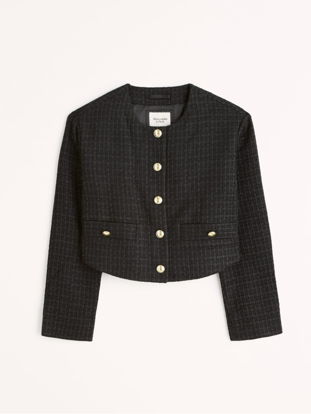 Abercrombie & Fitch Blackuw Cropped Collarless Tweed Blazer with Gold Buttons